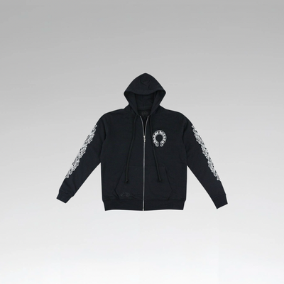 Chrome Hearts Horseshoe Floral Cross-Sleeve Zip Up Hoodie 'Black/White'